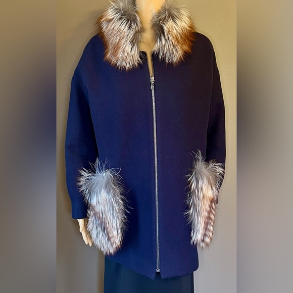 Jackets & Blazers - KENT COLLECTION Navy Cashmere & Wool Coat With Removable Fur Pockets/Collar Sz S
